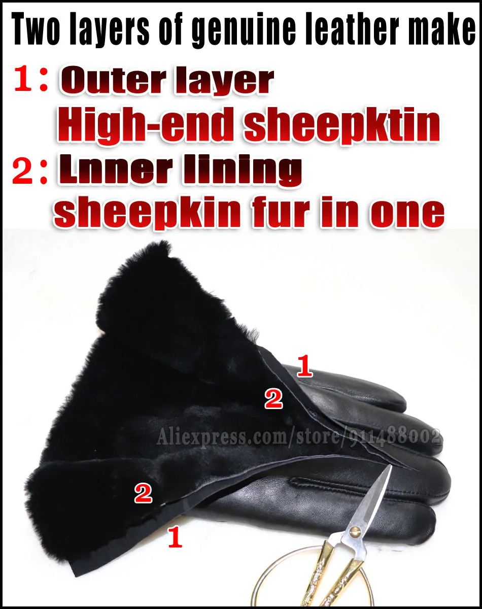 Leather gloves sheepskin cotton natural fur mens thick insulation womens skiing touch screen cold driving 241106