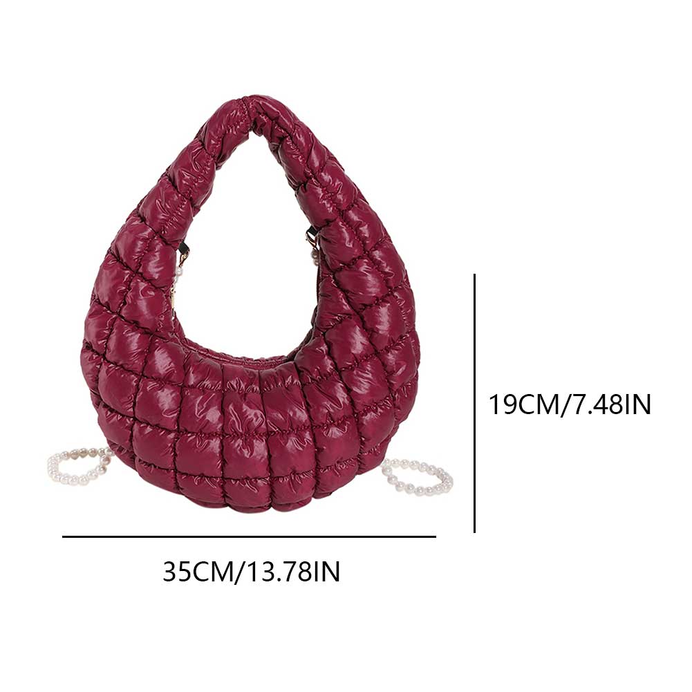 Women Quilted Shoulder Bag Solid Color Pearl Chain Sling Bag Large Capacity Padded Crossbody Bag Female Commute Bag