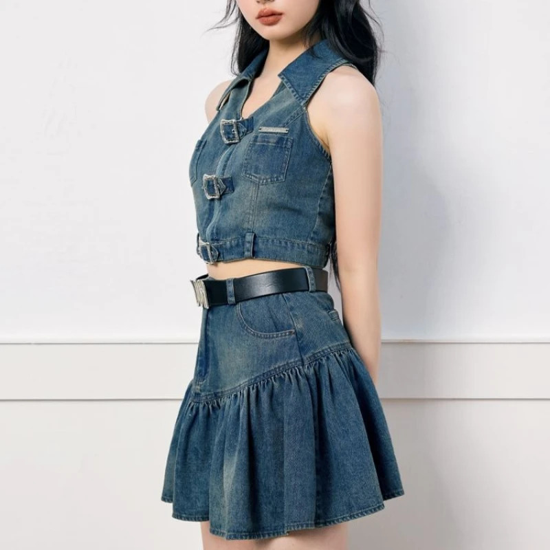 Vintage Y2K Skirts Two Pieces Set Gothic Womens Denim Camisole Vest with Mini A-line Pleated Skirt Suits Summer Outfits 241107