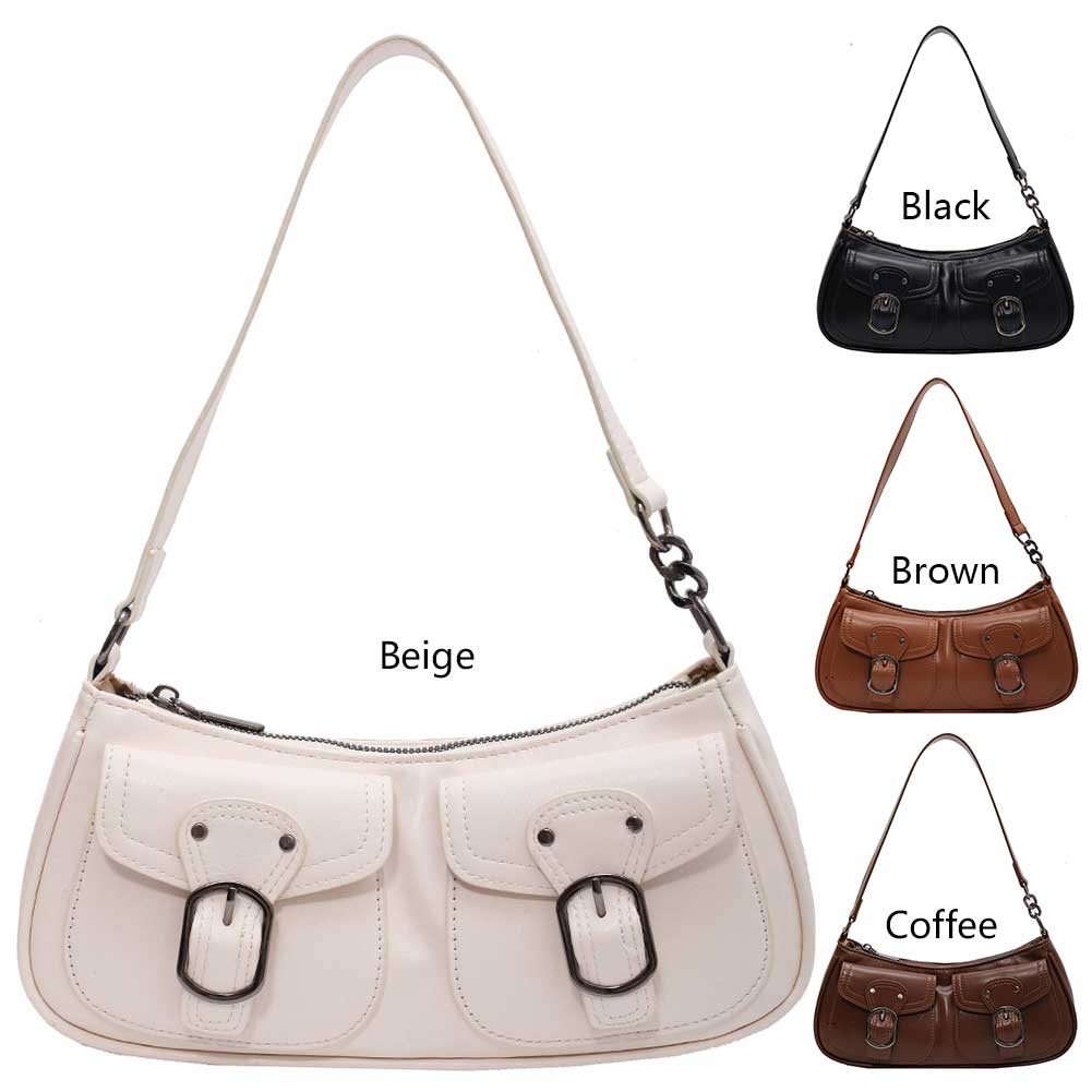 Women Fashion Shoulder Bag Double Pockets PU Leather Simple Underarm Bag Y2K Retro Commuting Bag Large Capacity Chic Hobo Bag