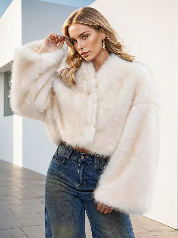 DEAT Fashion Womens faux fur coat V-neck long sleeved loose thick mink grass short sleeved winter item 7AB5096 241107