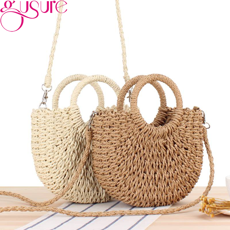 Gusure Handmade Half-Round Rattan Woven Straw Crossbody Bag Summer Beach Women Messenger Shoulder Bags Girls Small Handbag