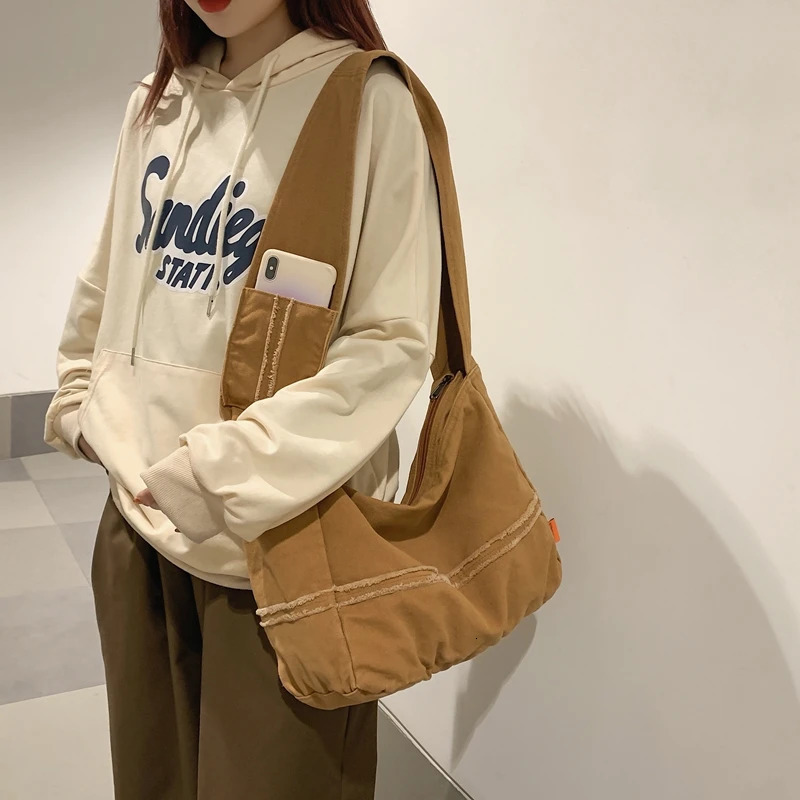 HOCODO Fashion Womens Messenger Bag Large Capacity Shopping Bag Neutral Canvas Student Shoulder Bag Solid Color Womens Handbag 241106