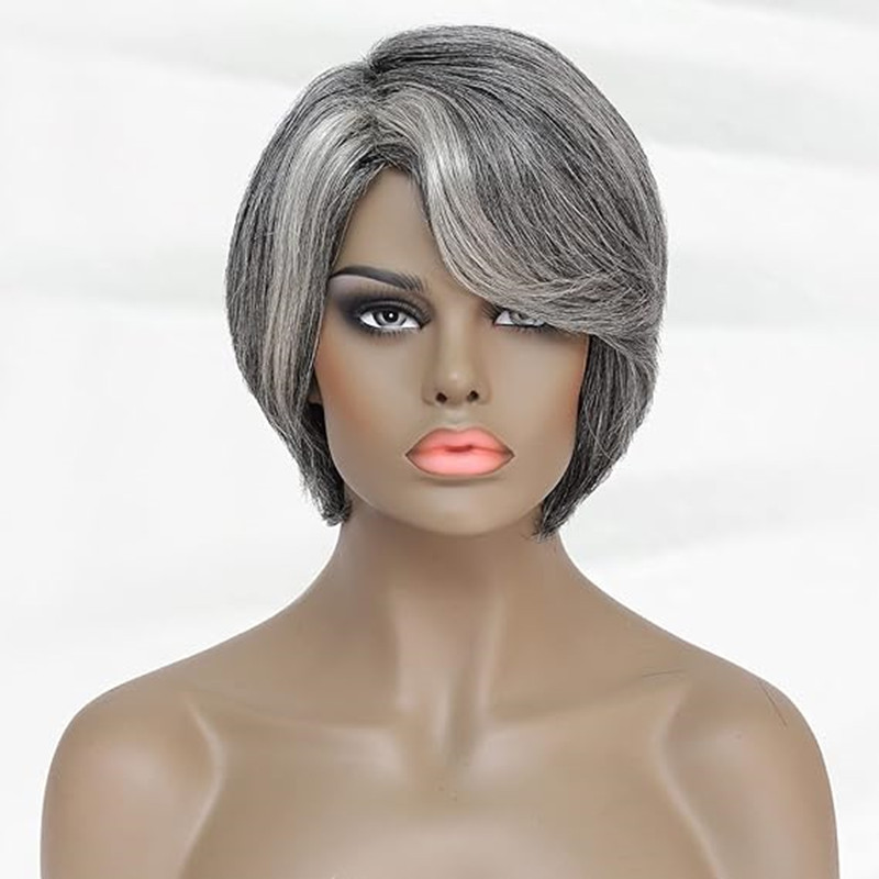 Gray Bob Lace front Wigs With Layered Swoop Bang ,raw virgin human Salt And Pepper Grey Wig for Women, Pixie Cut Glueless pixie cuts gray closure fron