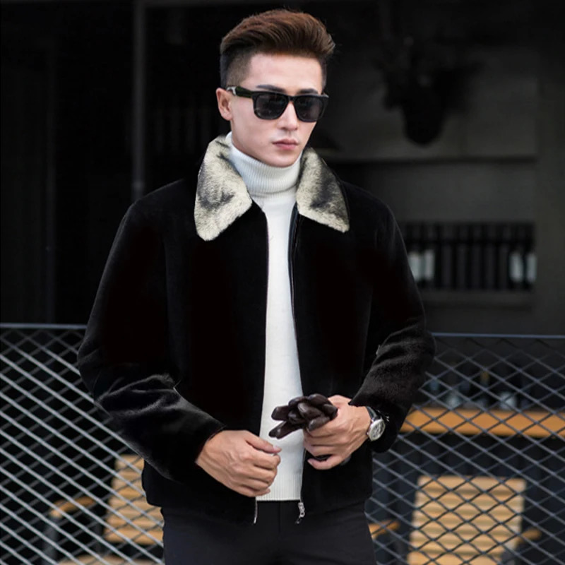 Mens faux fur collar hooded jacket Mens faux mink fur coat Winter snow windproof long sleeved zipper top Large size 5xl 6XL 241107