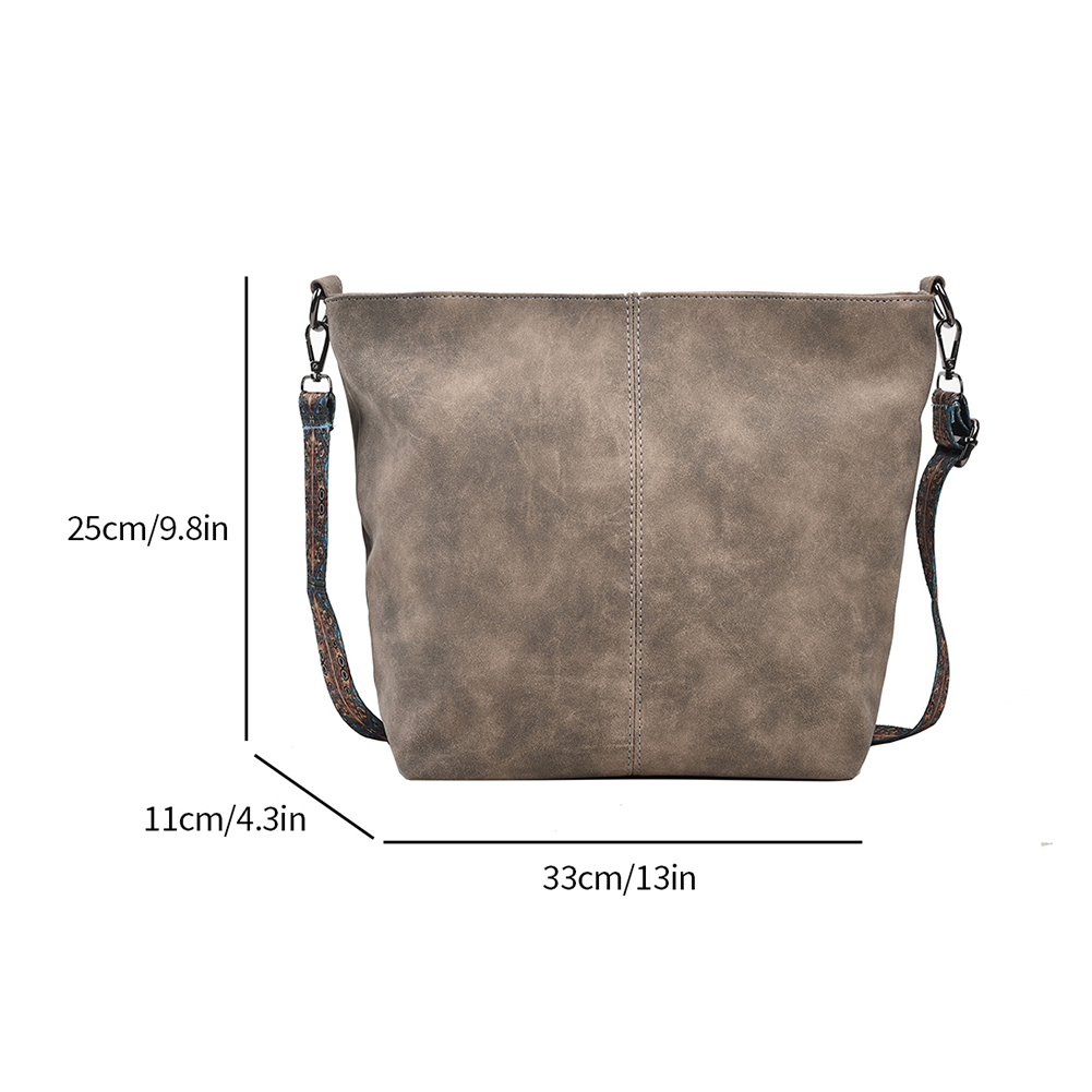Vintage Solid Color PU Leather Women Fashion Shoulder Sling Bag Simple Wide Strap Bucket Crossbody Bag Retro Style Hobo Bag