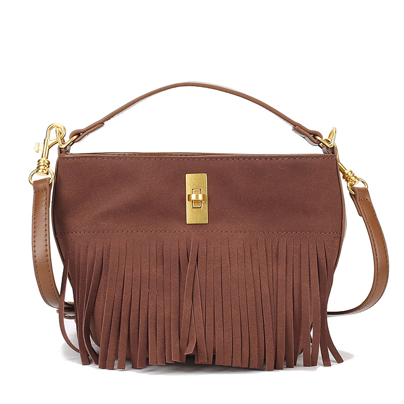 Women's Tassel Bucket Bags Vintage Matte Leather Handbags Casual Shoulder Commuter Package 2023 New Fashion Totes Bag Brown PM31