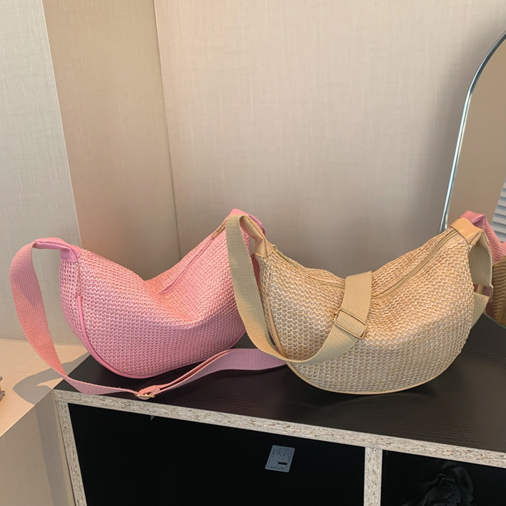 Women Straw Woven Shoulder Bag Large Capacity Summer Beach Bag Adjustable Strap Crescent Crossbody Bag Casual for Party Vacation