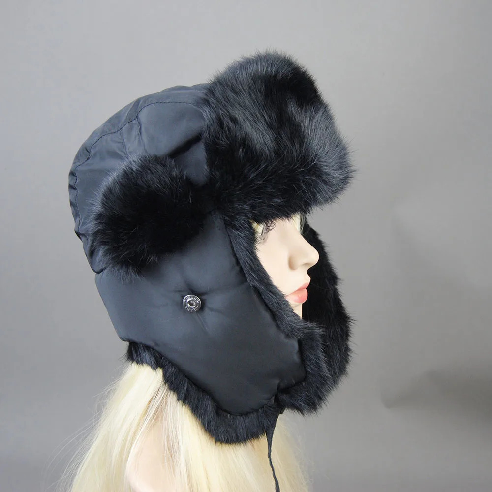 Womens winter real rabbit fur hat windproof super bomber natural soft warm hat earmuffs mens flat Russian style pilot hat 241106