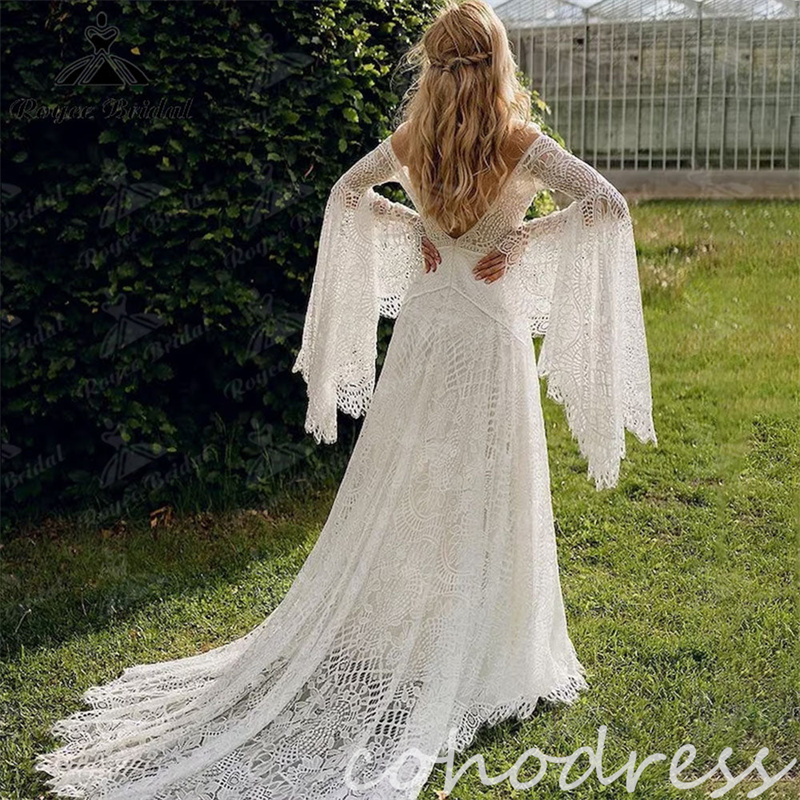 Lace Gatsby Boho Wedding Dresses With Long Sleeve Elegant Forest Civil Bohemian Bridal Gowns Sexy Backless Grecian Western Bride Dress Vestio De Novia