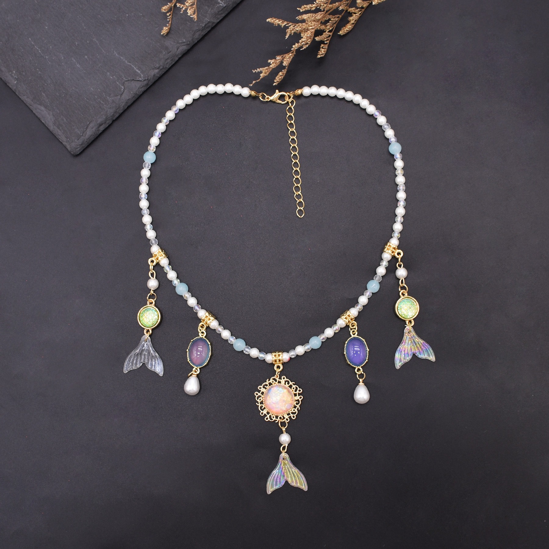 Antique Style Imitation Pearl Colorful Bead Fish Tail Necklace Mermaid Princess Hanfu Photo Super Fairy Gradient Tassel Necklace