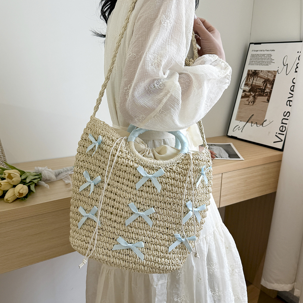 Women Summer Beach Bag Large Capacity Bow Straw Woven Tote Bag Female Elegant Top-Handle Bags Drawstring Handmade Knitted Purse