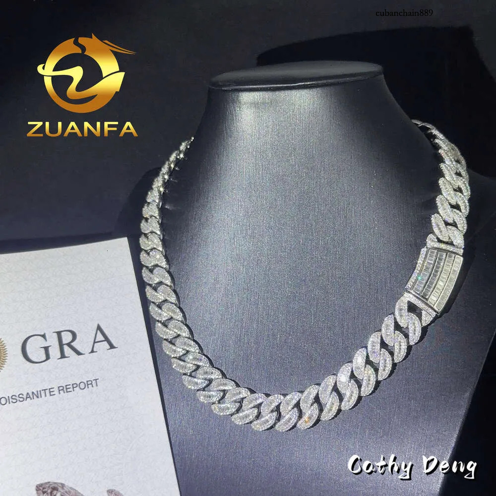 Pass Dia Test Hip Hop Jewelry 15mm Baguette Cut k Sier Moon Shape Vvs Moissanite Cuban Chain