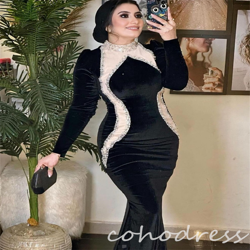 Amazing Velvet Evening Dresses Elegant High Neck Beaded Mermaid Prom Dress Long Sleeve Plus Size Arabic Dubai Formal Dress Custom Made Vestio de Noche