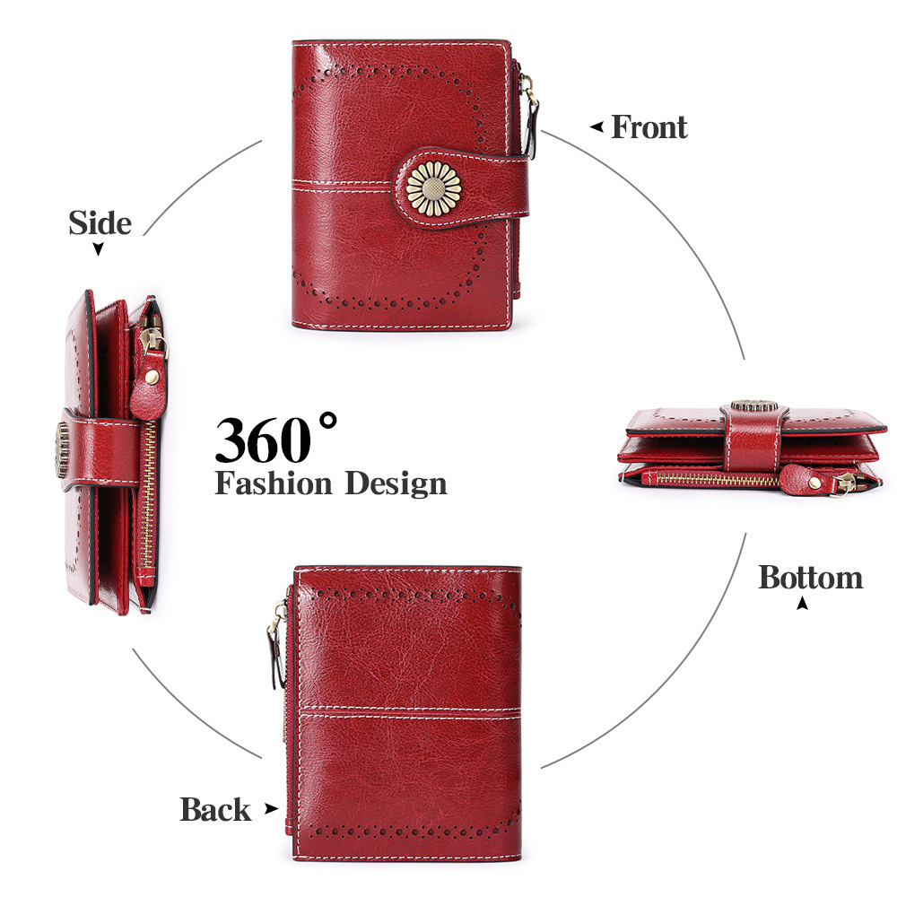 Women's Genuine Leather Wallet Vintage Retro Female RFID Purse Multi Function Lady Coins Bag Trifold Card Holder Gift for Mom