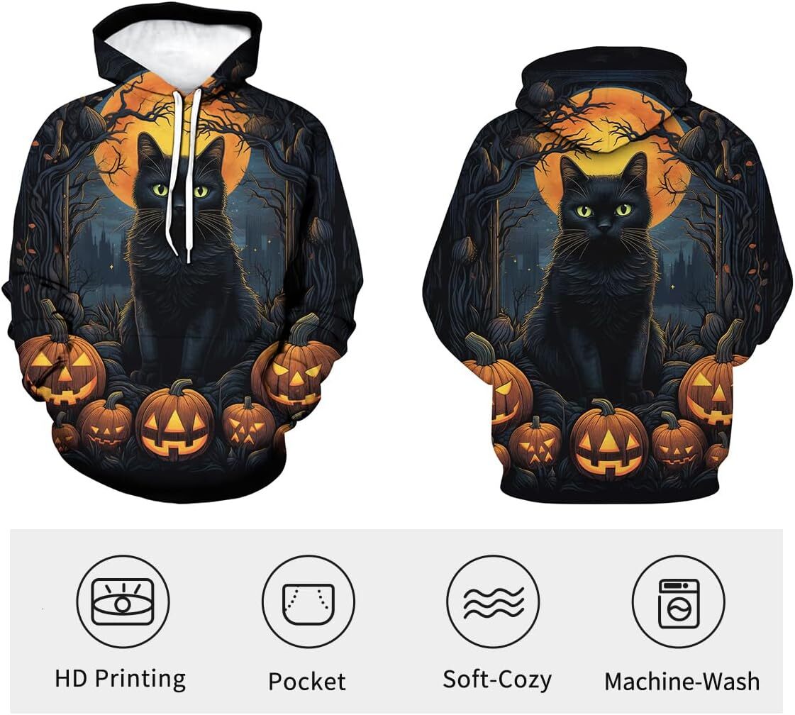Hoodie for Mens Womens Mens Halloween Printed Hoodie Pumpkin Black Cat Graphic Pullover Shirt Casual Long Sleeve Sweatshirt Graphic Trendy black cat p