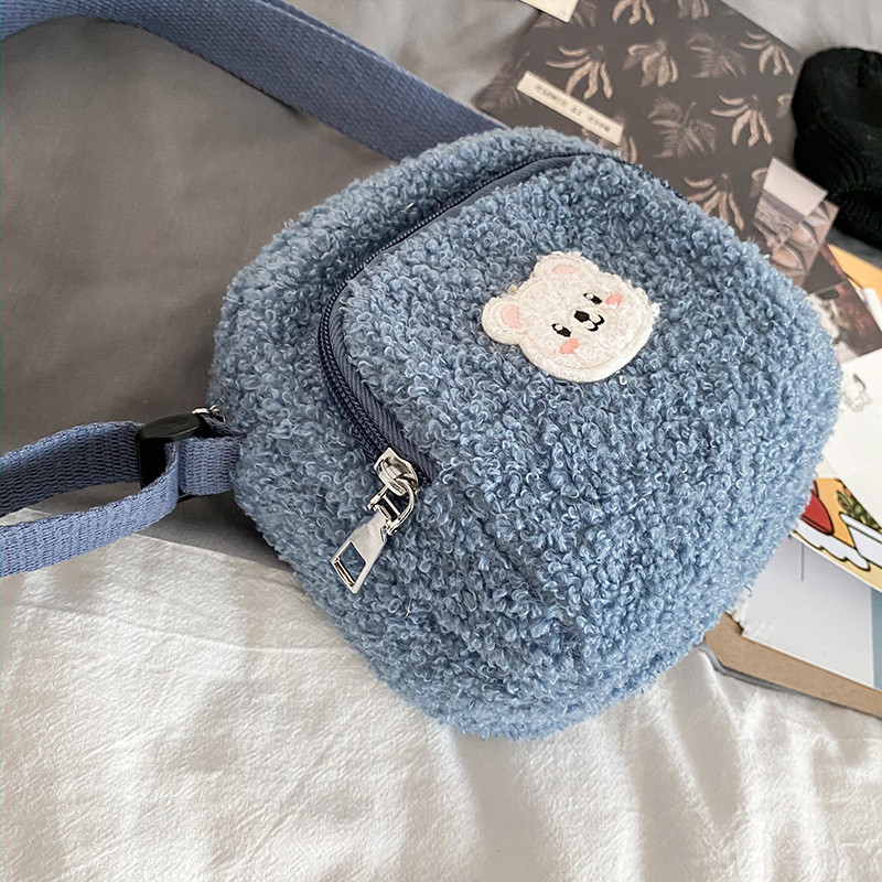 Women Plush Shoulder Bag Cute Bear Print Lamb Like Fabric Crossbody Bags Ladies Cloth Zipper Small Purse Mobile Phone Handbag