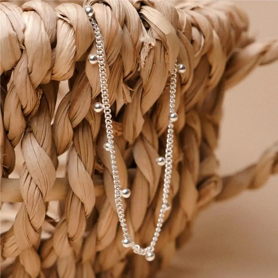 SHANICE S925 sterling silver bead anklet womens round bead pendant retro anklet beach jewelry 241107