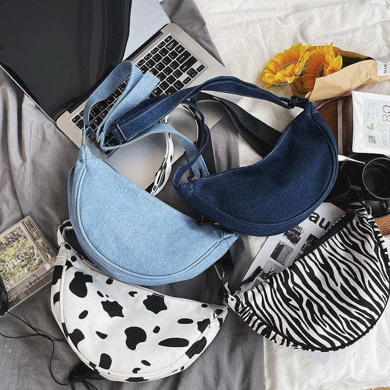 Harajuku Style Students Portable Canvas Hobos Zebra and Cow Pattern Ladies Shoulder Bags Women Solid Color Denim Crossbody Bag