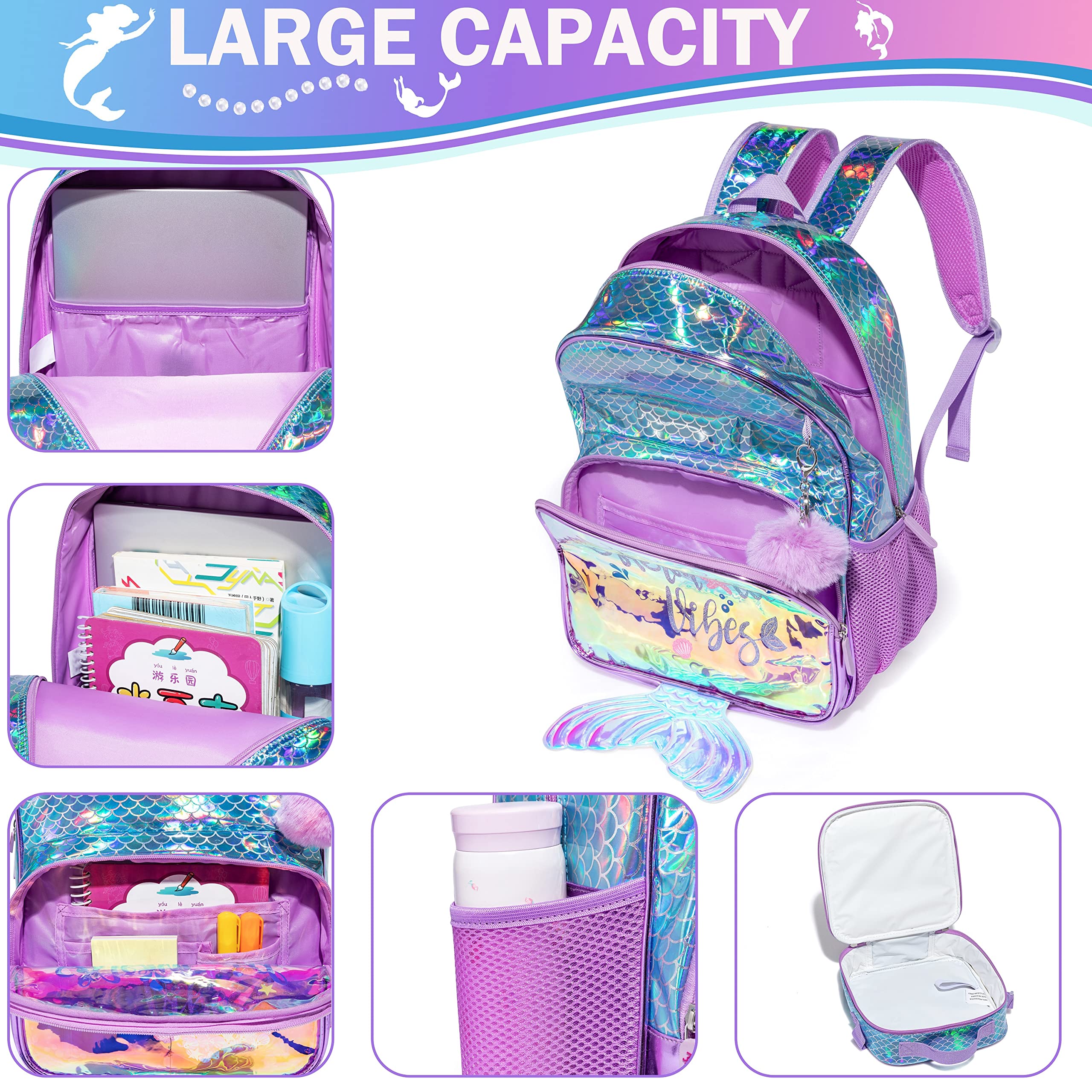 Backpack for Gilrs School Backpacks with Lunch Box for Elementary Kindergarten Student Cute Kids Bookbag for Girls