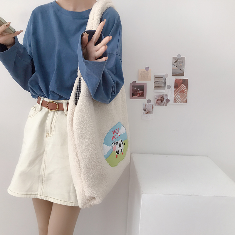 Women Sweet Milk Shoulder Bag Plush Canvas Handbag Tote Large Capacity Embroidery Shopping Bag Cute Book Bags For Girls