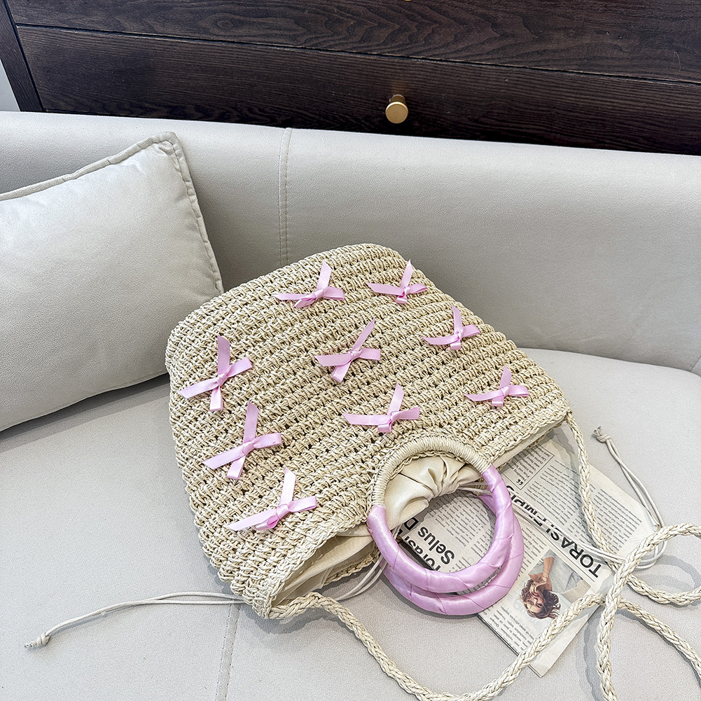 Women Summer Beach Bag Large Capacity Bow Straw Woven Tote Bag Female Elegant Top-Handle Bags Drawstring Handmade Knitted Purse