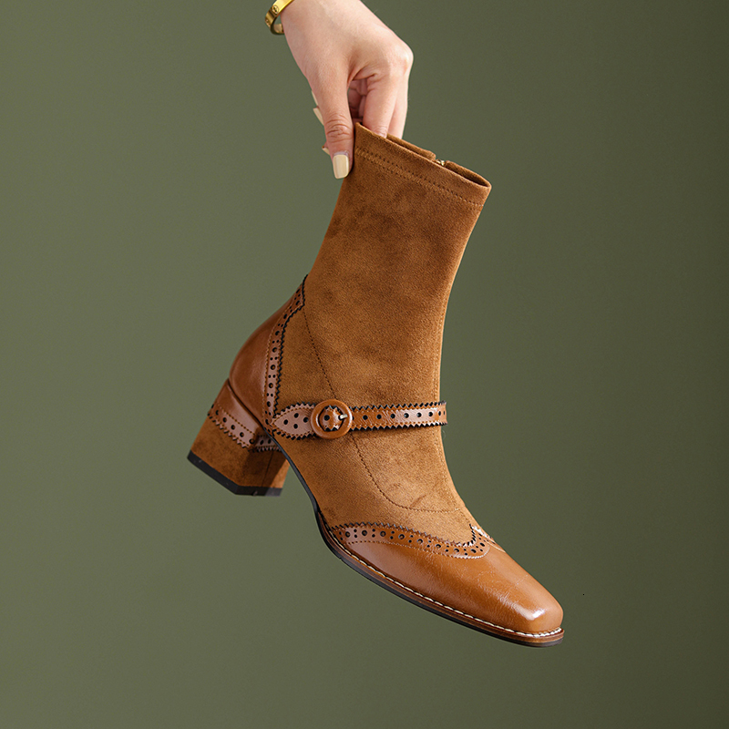 New Genuine Leather Winter Buckle ZIP Brogues Retro Round Toe Thick Heel Ankle Boots Fashion Ck Women Shoes