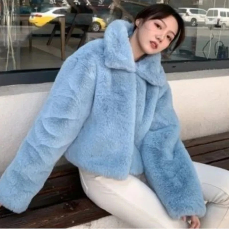 Womens blue fashionable faux fur short jacket winter Korean simple solid loose street clothing elegant mink casual jacket 241107