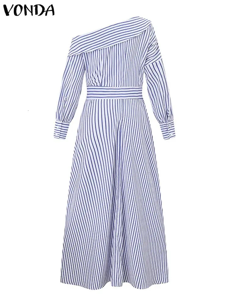 VONDA Women Elegant Striped Maxi Dress Bohemian Sundress Casual Loose Off Shoulder Long Sleeve Party Vestidos Robe Femme 240329