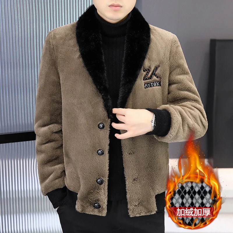 Simulated mink fur integrated leather wool jacket winter thick and warm short sleeved coat casual business social windproof 241107