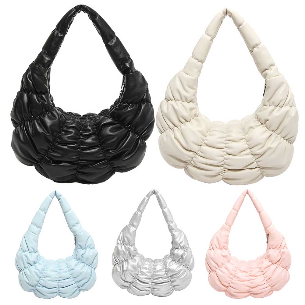 Women Fashion Shoulder Bag Large Capacity PU Pleated Underarm Bag Padded Clutch Handbag Solid Color for Outdoor Travel