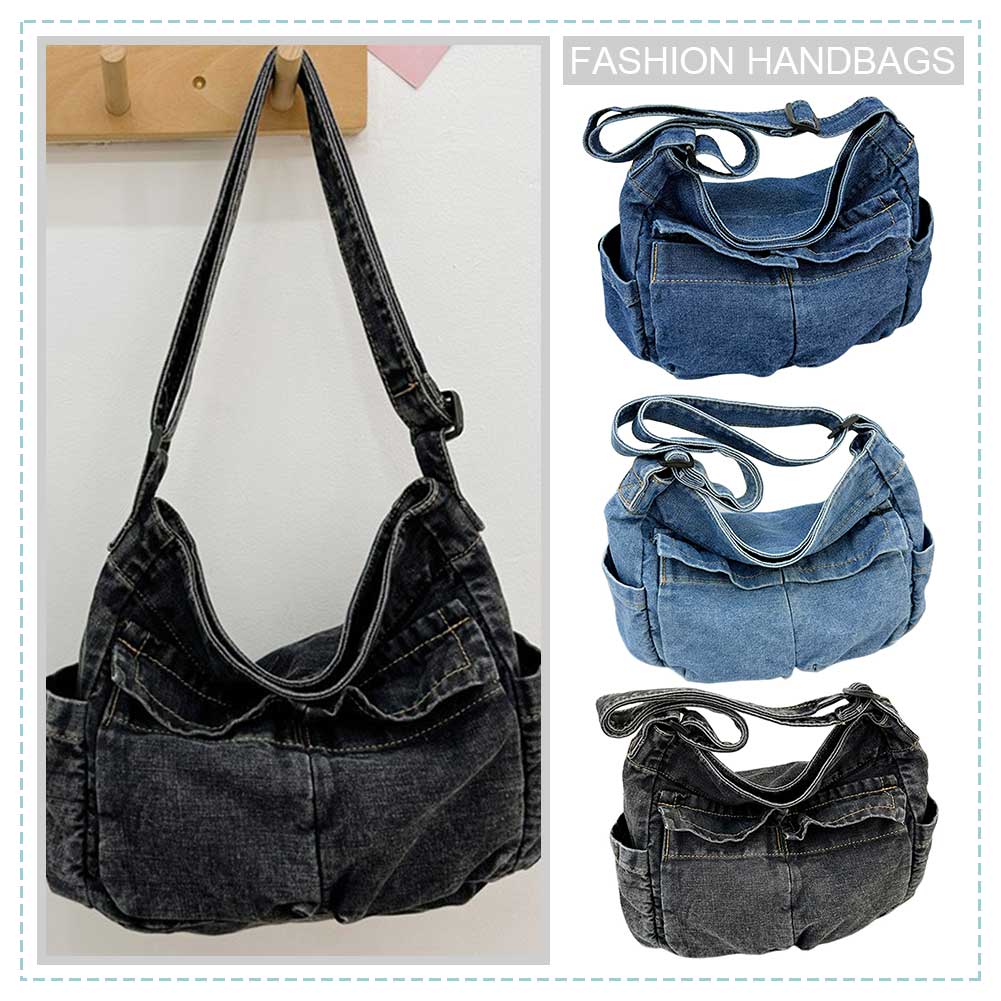 Women Casual Satchel Bag Large Capacity Denim Vintage Messenger Bag Adjustable Strap Daily Tote Bag Multifunction Chic Hobo Bag