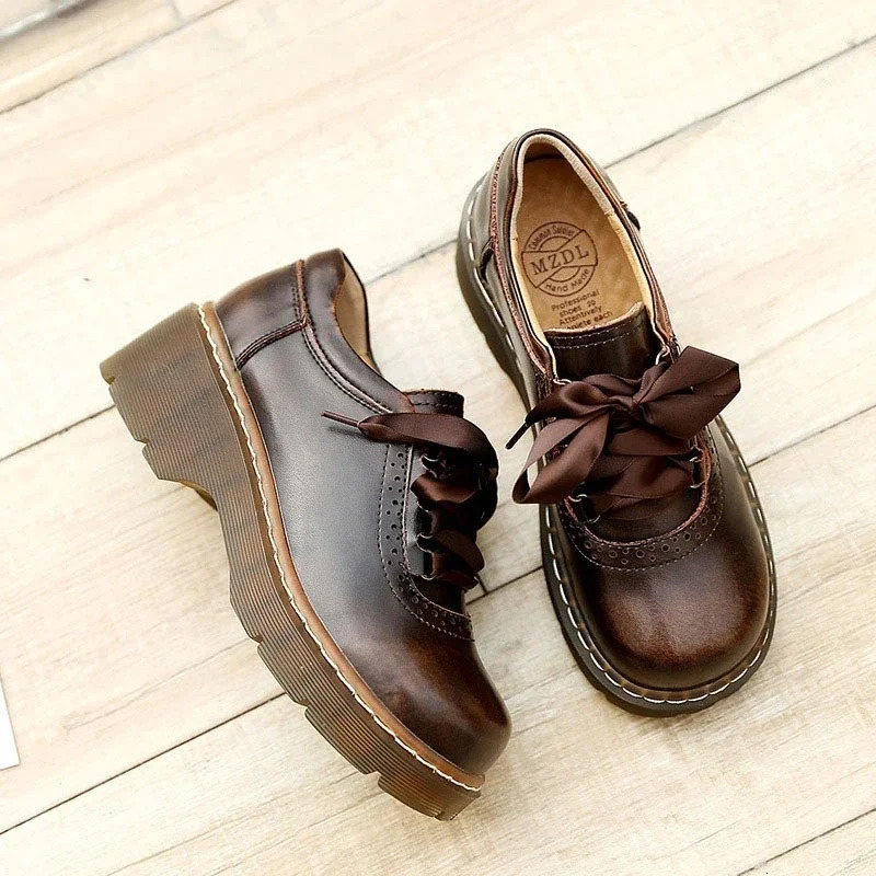 Womens Ribbon Lace Oxford Shoes Genuine Split Leather Brogues Retro Womens Apartment Zapatos De Mujer 241106