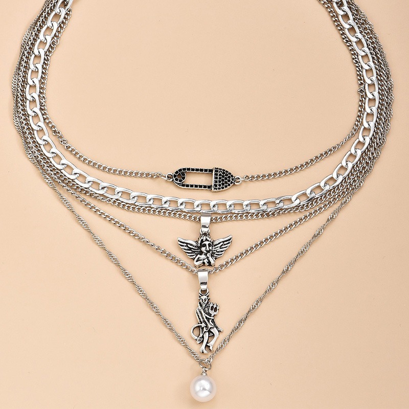 European and American Retro Popular Metal Chain Layered Necklace New Antique Silver Devil Angel Pearl Pendant Multi-layer Necklace