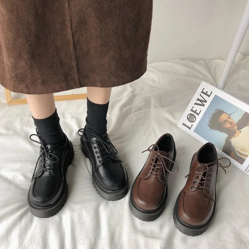 Platform Leather Shoes Womens Casual Boat Shoes Retro Oxford Shoes Spring/Summer Fashion Lace Up JK Uniform Flat Shoes 241106