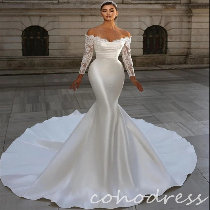 Gorgeous Mermaid Wedding Dresses With Detachable Train Off Shoulders Lace Saudi Arabic 2 in 1 Bridal Gowns Long Sleeve Church Garden Vestio De Novias 
