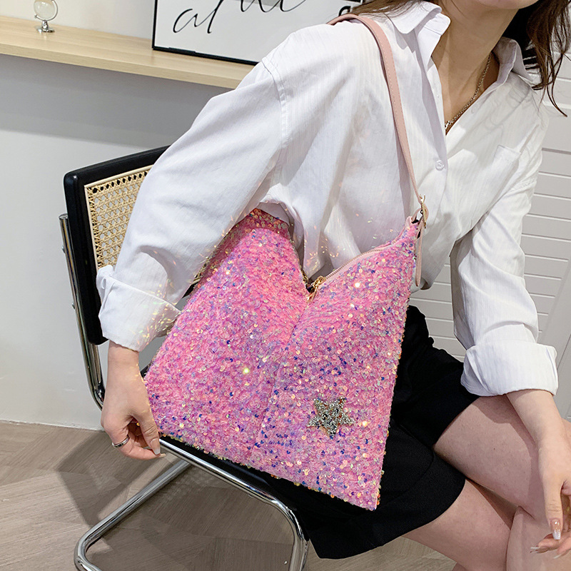 New Women Luxury Sequins Shoulder Bag Female Fashion Bucket Bag Girls Pink Large Capacity Bag Female Travel Handbags