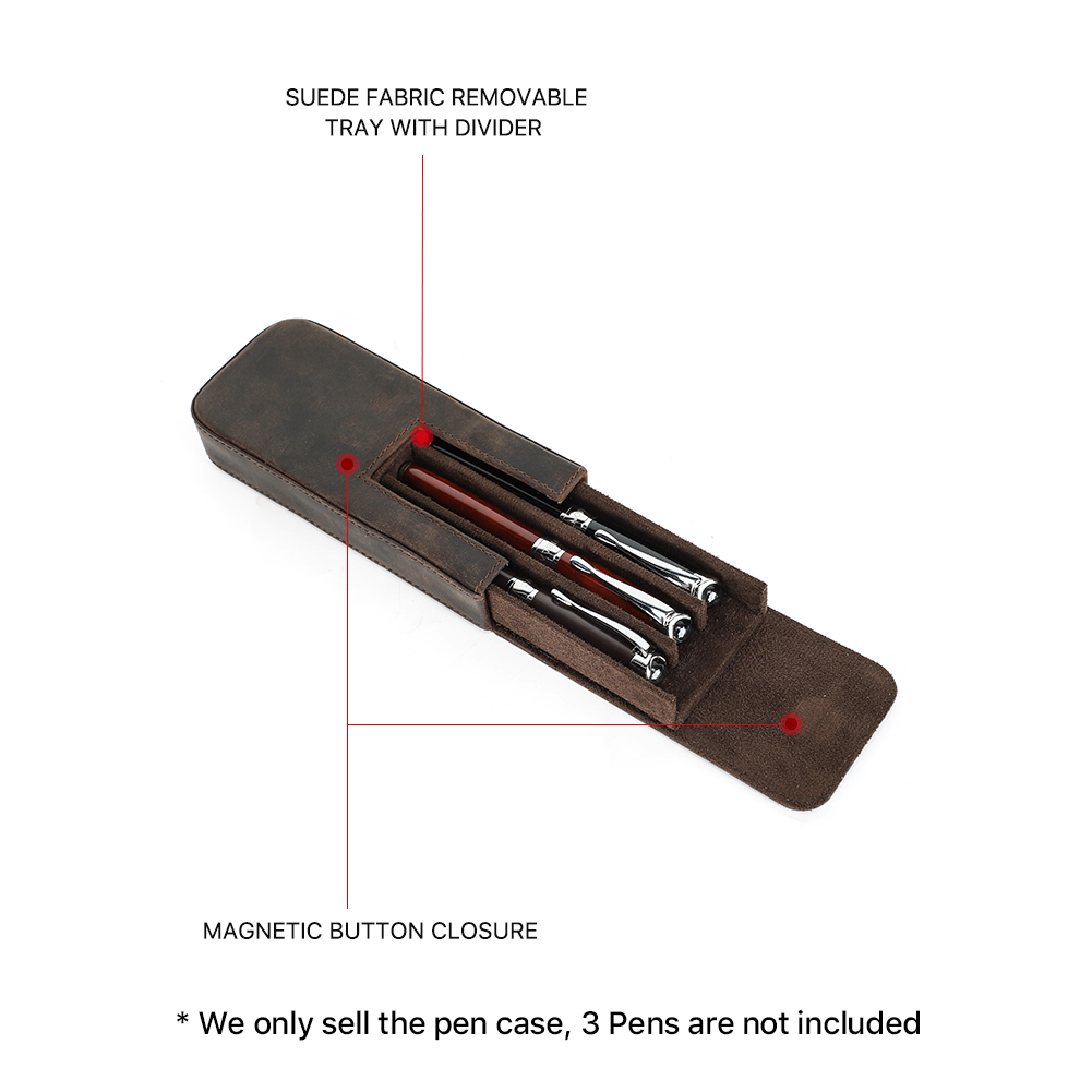 Crazy Horse Leather Pen Case 3 Slots Magnetic Button Pencil Cases School Bag Pen Pouch Box Office Stationery Vintage Style