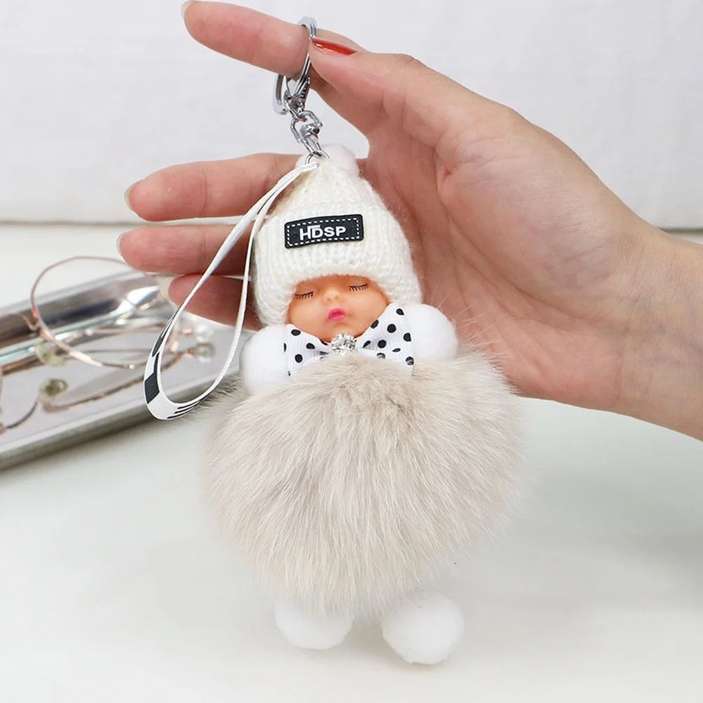 Fox fur fluffy sleeping baby keychain cute fluffy plush doll keychain womens bag keyring car keyring gift decoration 241107