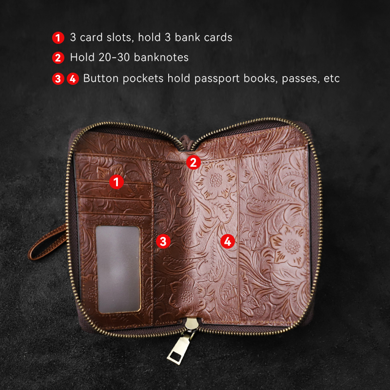 Casual Men's Clutch Wallet Handmade Genuine Leather Card Slot Passport Holder Long Wallet Portable Storage Zipper Wallet Handbag