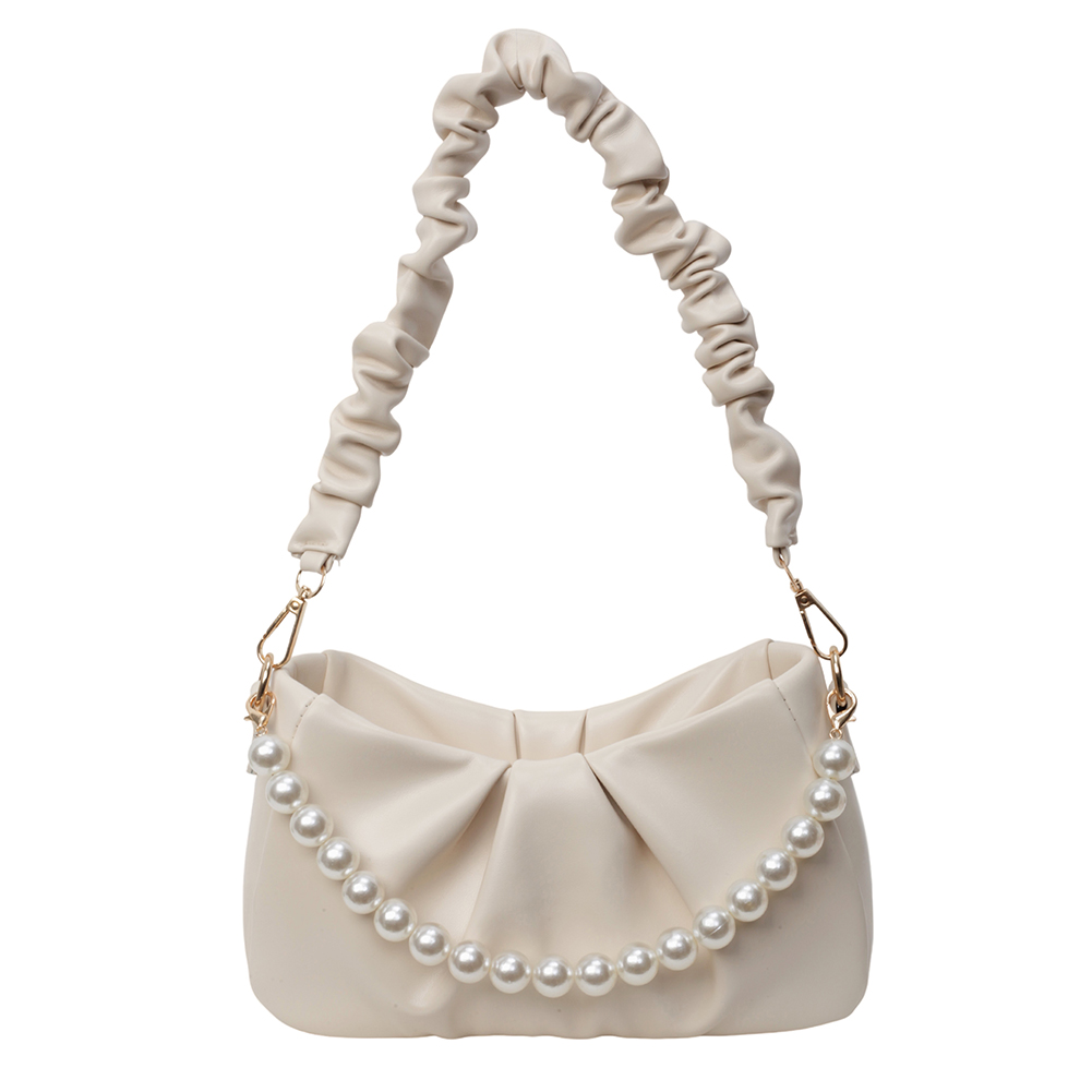 Women Ruched Shoulder Bag PU Leather Pleated Crossbody Bag Zipper Closure Simple Pearls Sling Bag Versatile Dating Bag