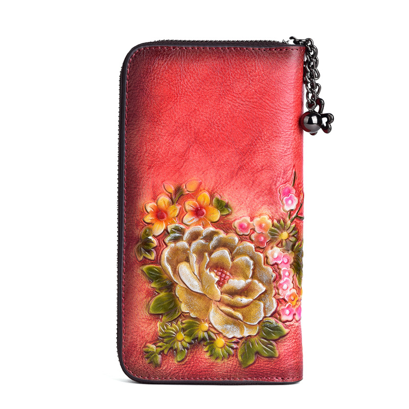 New Women's Top Layer Cowhide Wallet Floral Pattern Handbag Long Zipper Wallet vintage Personalized Clutch Bag Hot Sale