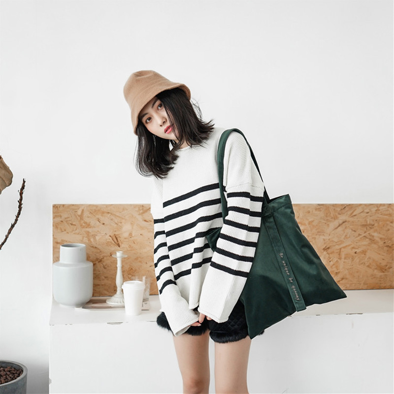 Women Velour Shoulder Bag Embroidery Letters Canvas Totes Handbags Soft Cotton Cloth Bag Ribbon Strap Square Shopping Bags