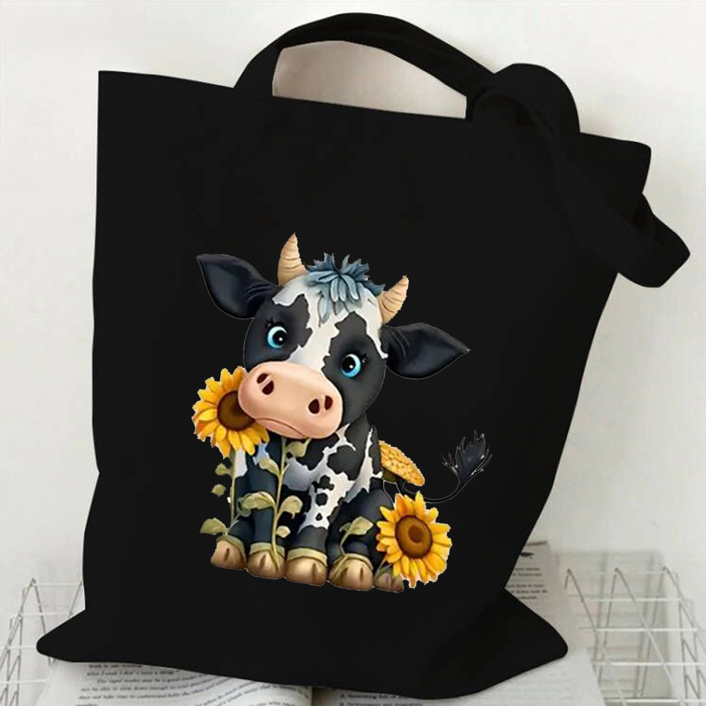 Women's Cute Sunflower Cow Print Canvas Tote Bag Student Large Capacity Beach Shoulder Bag Women Casual Travel Shopping Handbag