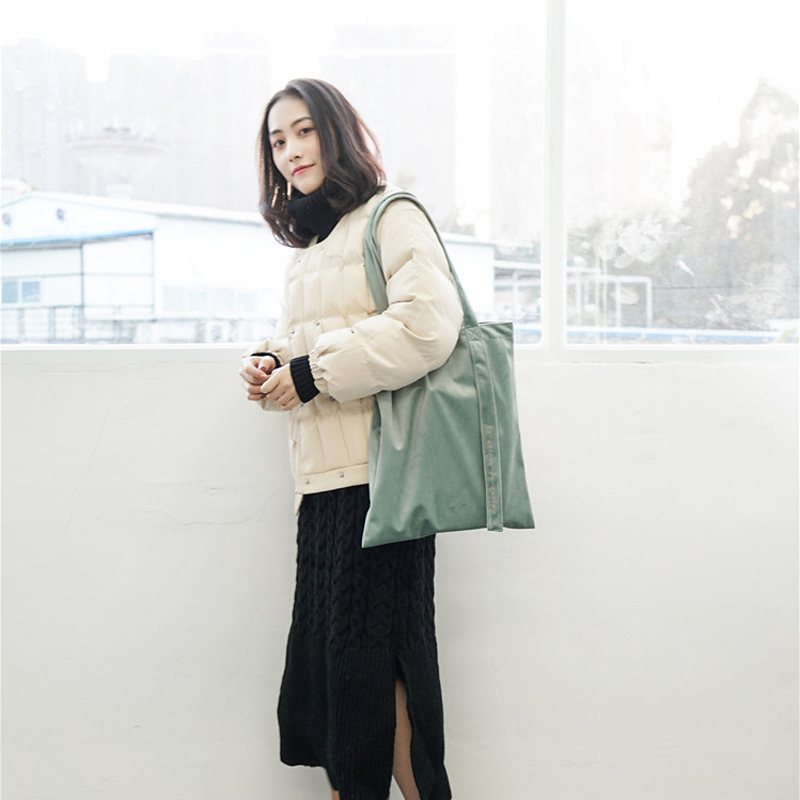 Women Velour Shoulder Bag Embroidery Letters Canvas Totes Handbags Soft Cotton Cloth Bag Ribbon Strap Square Shopping Bags