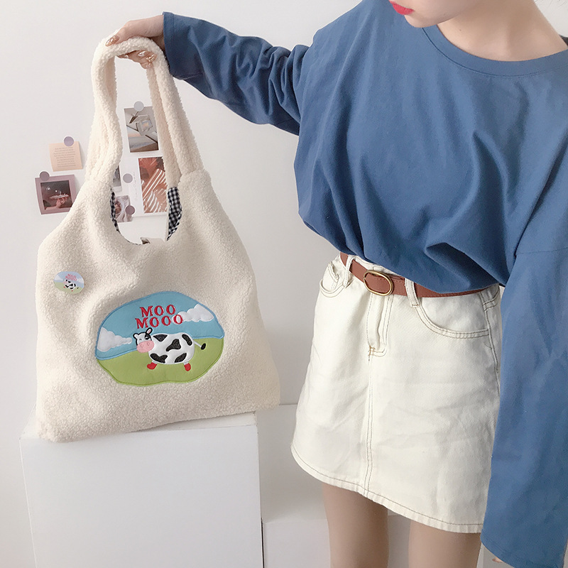 Women Sweet Milk Shoulder Bag Plush Canvas Handbag Tote Large Capacity Embroidery Shopping Bag Cute Book Bags For Girls