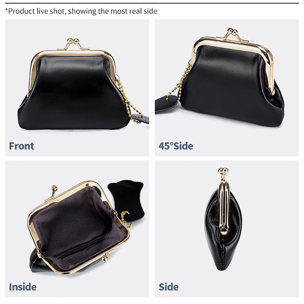 Retro Mini Lock Clip Coin Purse Cow Leather Daily Handheld Lipstick Storage Bag for Girls Kiss-lock Simple Key Bag Coin Pouch