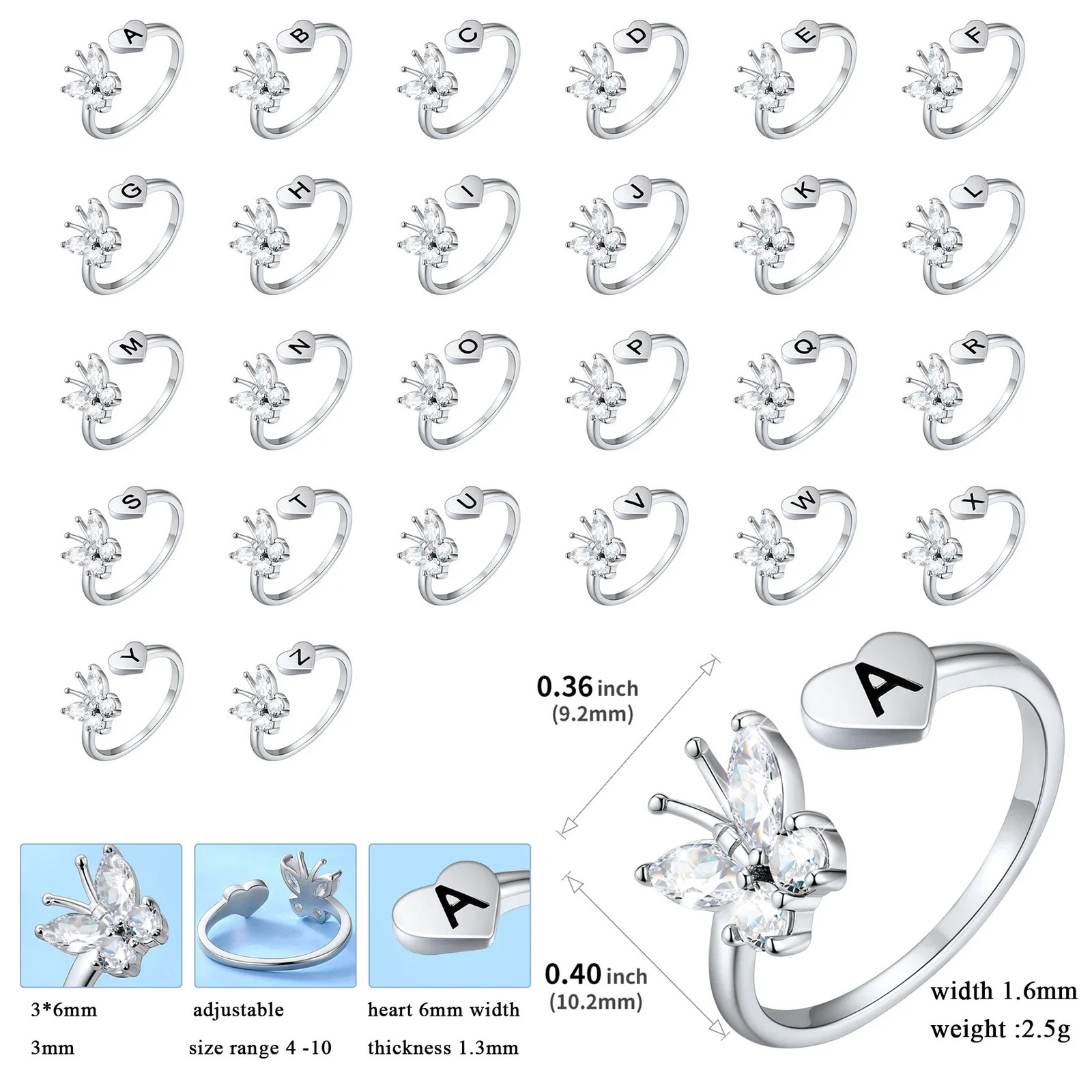 U7 925 Silver White Cz Butterfly Ring Cuff Suitable for Women Deep Carving Original Alphabet Customized Anniversary Birthday Gift 241106