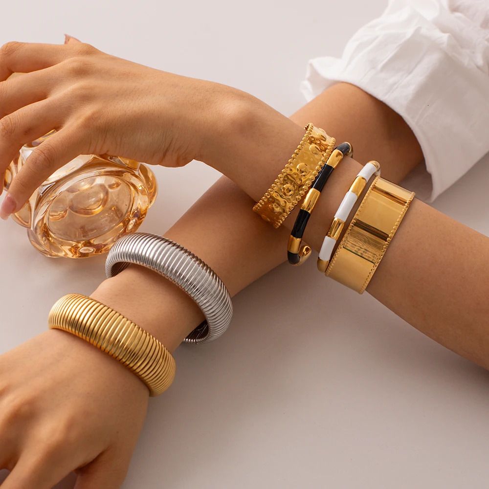 Uworld Stainless Steel 20mm Chunky Wide 18K Gold Plated Silver Color For Women pulseras de acero inoxidable para mujer 241106