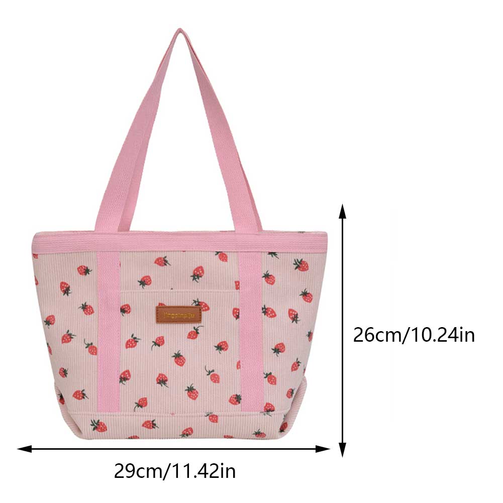 Women Strawberry Printed Shoulder Bag Large Capacity Corduroy Strawberry Pattern Underarm Bag Zipper Closure Girls Outdoor Bag